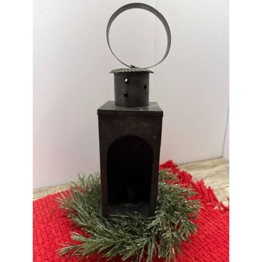 VINTAGE PRIMITIVE TIN CANDLE LANTERN WITH HANDLE 14